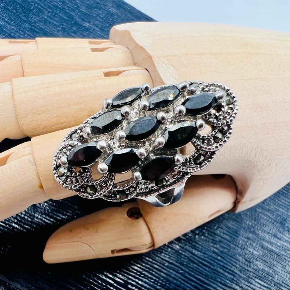 Sterling silver lattice cocktail ring black navette rhinestones size 7 - Picture 14 of 15